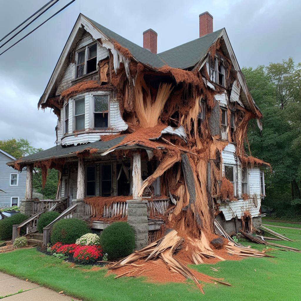 Damaged tree on an Reddick home showing signs of disease and decay